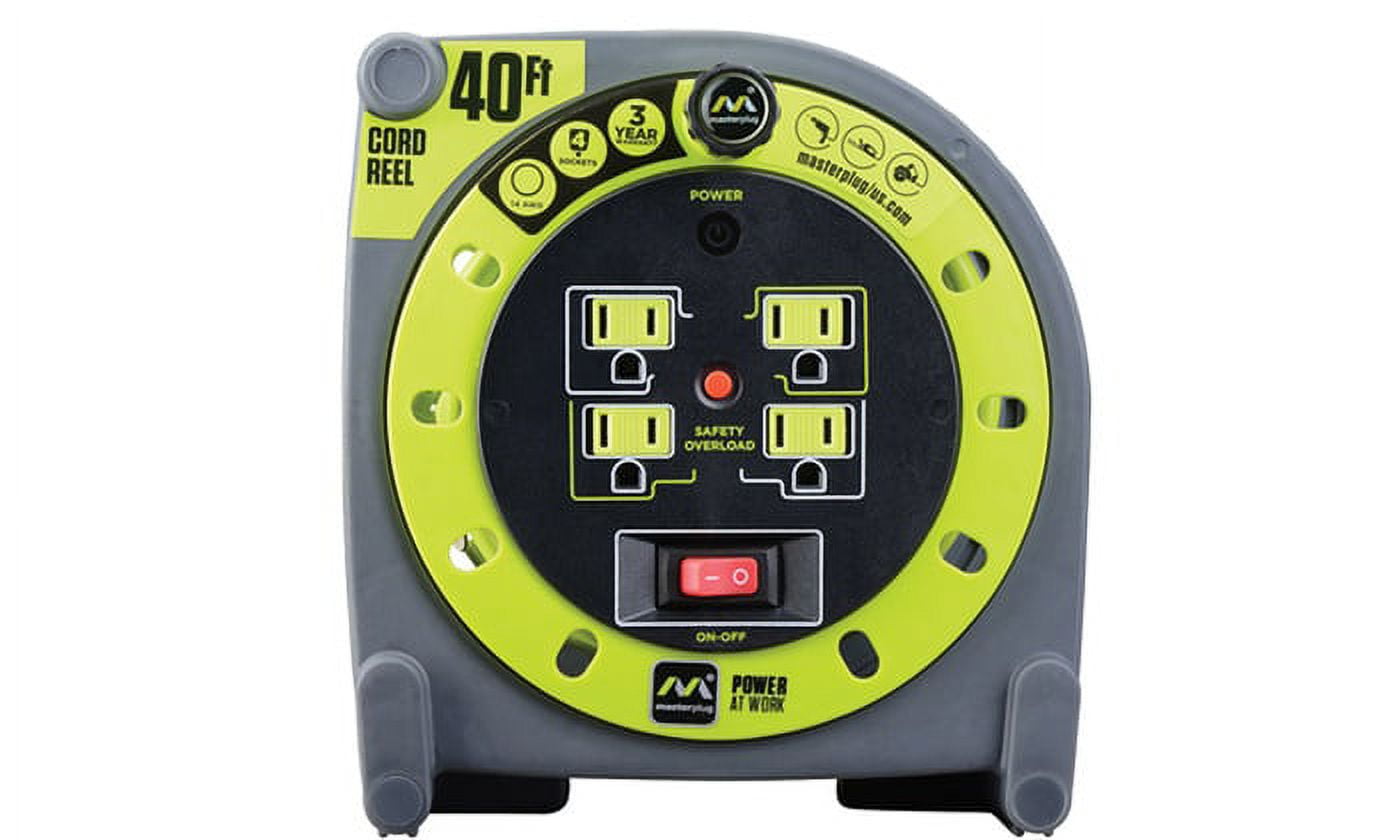 40ft Gray and Yellow PVC Extension Cord Reel with 4 Outlets