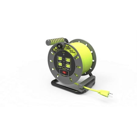 Masterplug - 50Ft 4 Sockets 13A 14AWG Medium Open Reel with USB Charging - Green & Grey