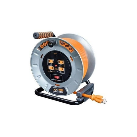 Masterplug - 50Ft 4 Sockets 15A 12AWG Medium Open Metal Reel - Metal & Orange