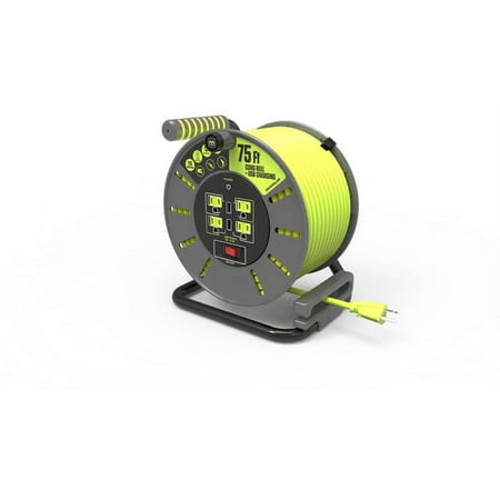 Masterplug - 75Ft 4 Sockets 13A 14AWG Large Open Reel with USB Charging - Green & Grey