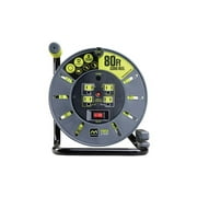 Masterplug 80ft Extension Cord Reel with four shuttered powered outlets and a super comfortable ridged handle.