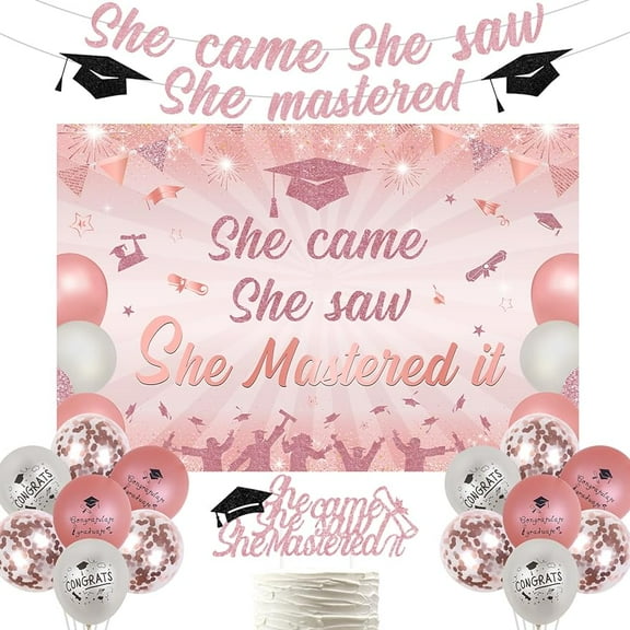 Masters Graduation Decoration Class of 2024, She Came She Saw She Mastered It Backdrop Banner Congrats Grad Balloon for Mastered It Graduation Party Decoration