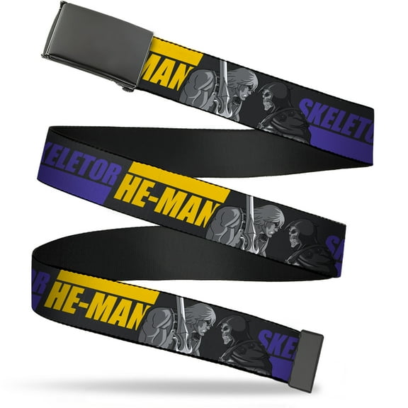 Adjustable Belt, Clamp Buckle, Cut-to-Fit, He Man and Skeletor Face Off Pose and Text Black