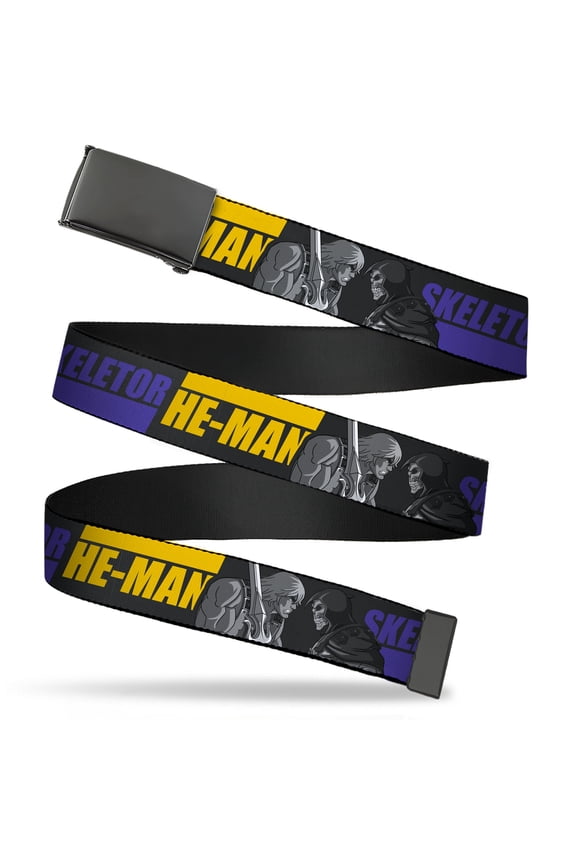 Adjustable Belt, Clamp Buckle, Cut-to-Fit, He Man and Skeletor Face Off Pose and Text Black