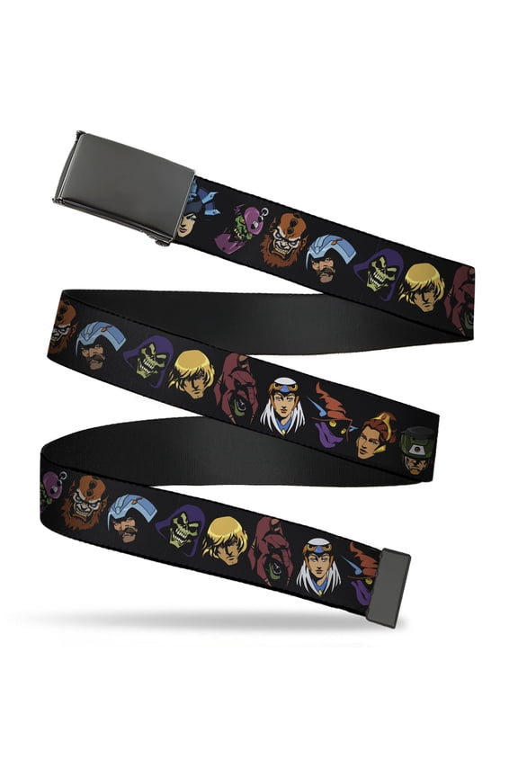 Adjustable Belt, Clamp Buckle, Cut-to-Fit, Masters Of the Universe Heroes and Villains Faces Black