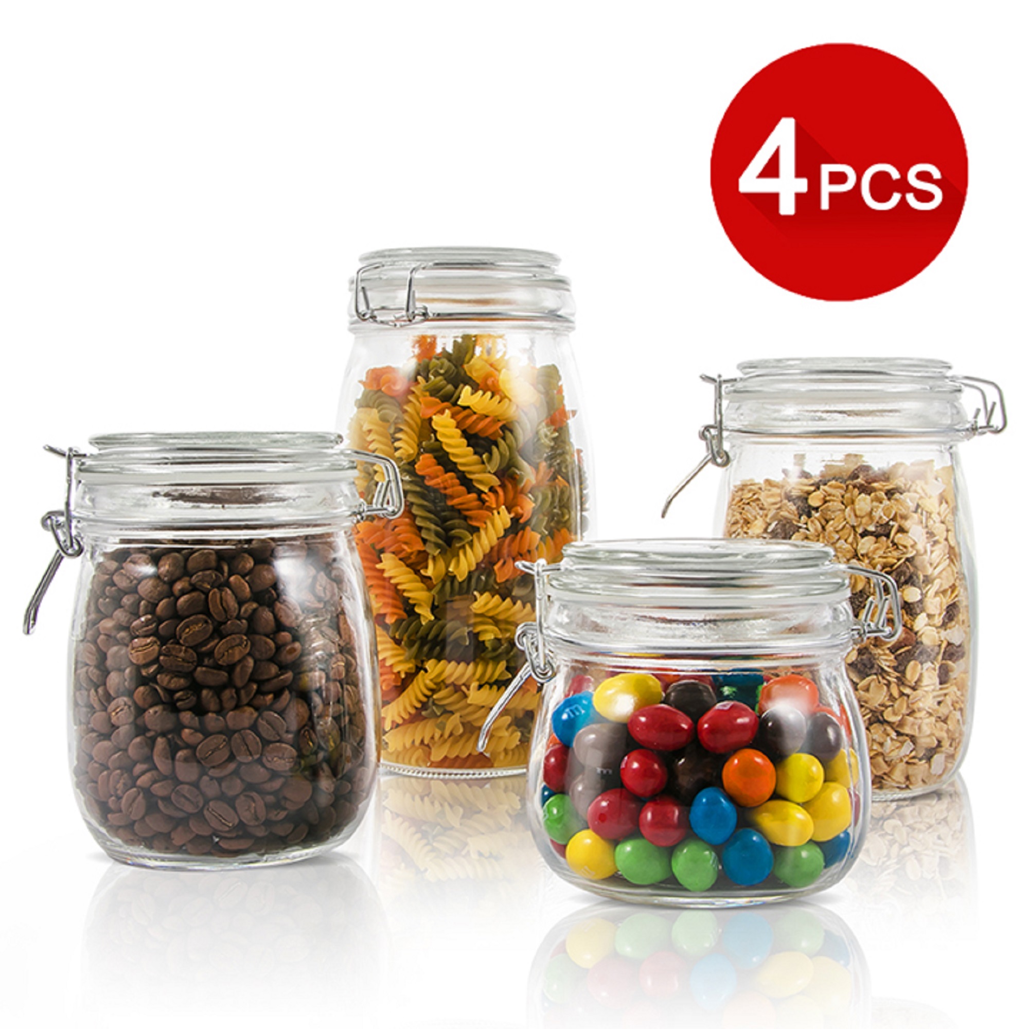Mastertop 4Pack Clear Glass Lock Lid Jar with Silicone Gasket,Square