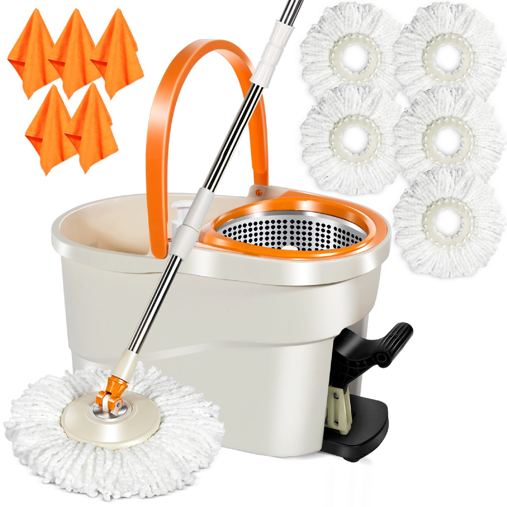 MASTERTOP Spin Mop Bucket System with Wringer Set, Mop Buckets Separate  Clean and Dirty Water,360° 6psc Microfiber Spin Mops, 51.2 Inch Stainless