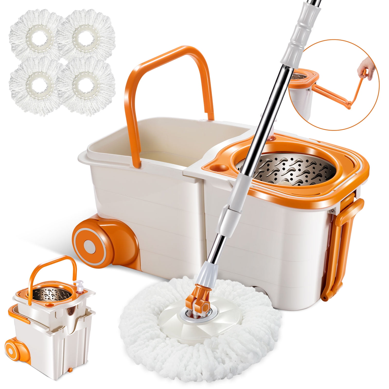 Mastertop Mop and Bucket Wringer Set for Floor,Spin Mop and Bucket System Set with 4 Microfiber Mop Pads