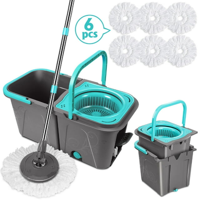 Mastertop Mop and Bucket with Wringer Set, Spin Mop and Bucket System for Floor,6 Microfiber Mop