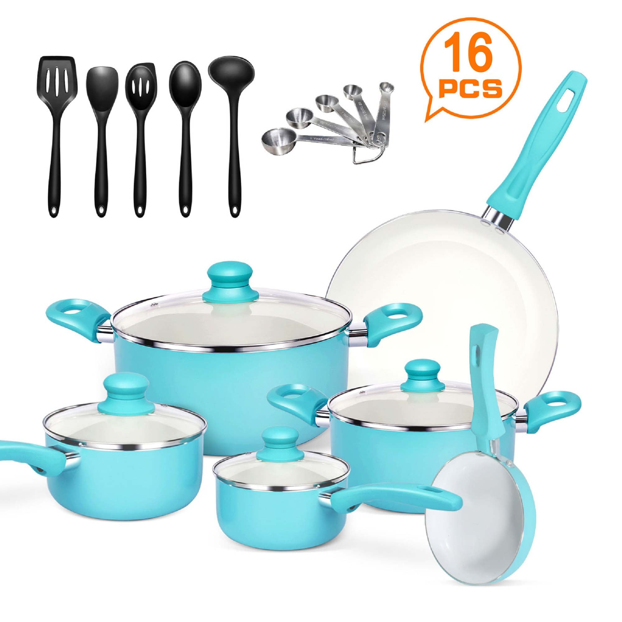 Masthome 16 Piece Ceramic Nonstick Cookware Set,Soft Grip Healthy Pots and  Pans Set with Lids and Utensils for Kitchen,PFAS-Free, Dishwasher