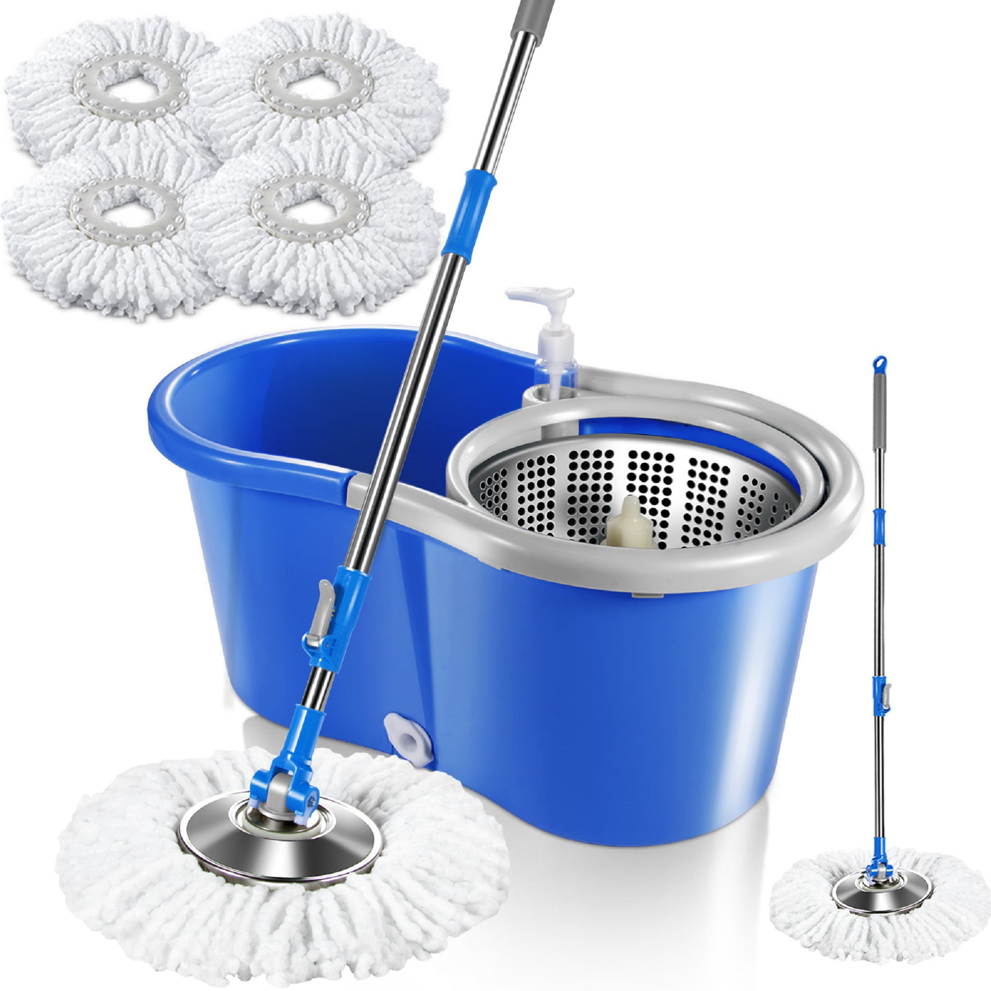 Tsmine Spin Mop Bucket System Stainless Steel Deluxe 360 Spinning Mop Bucket Floor Cleaning System with 6 Microfiber Replacement Head Refills