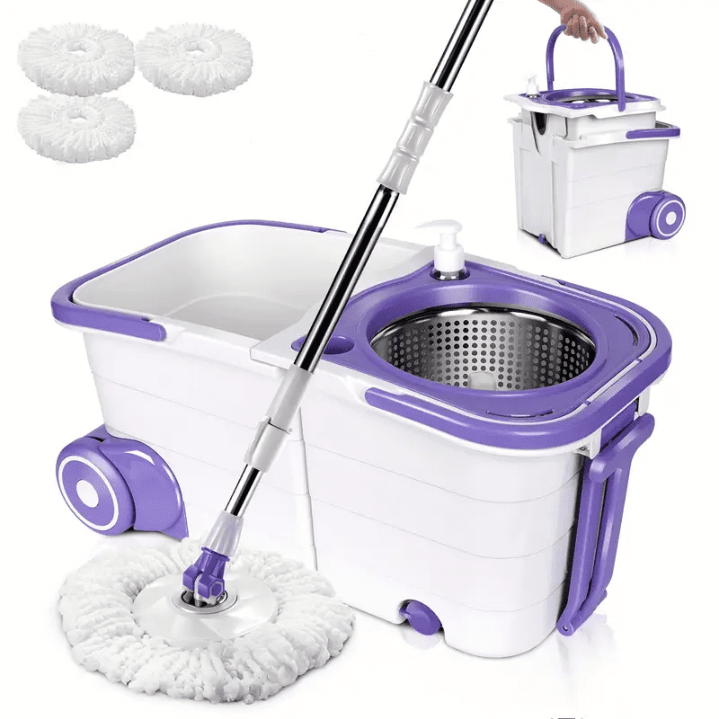 Denny International Super Spin Mops 360 Degree Spinning Mop Bucket Home Cleaning With 2 Mop Heads In Purple Color