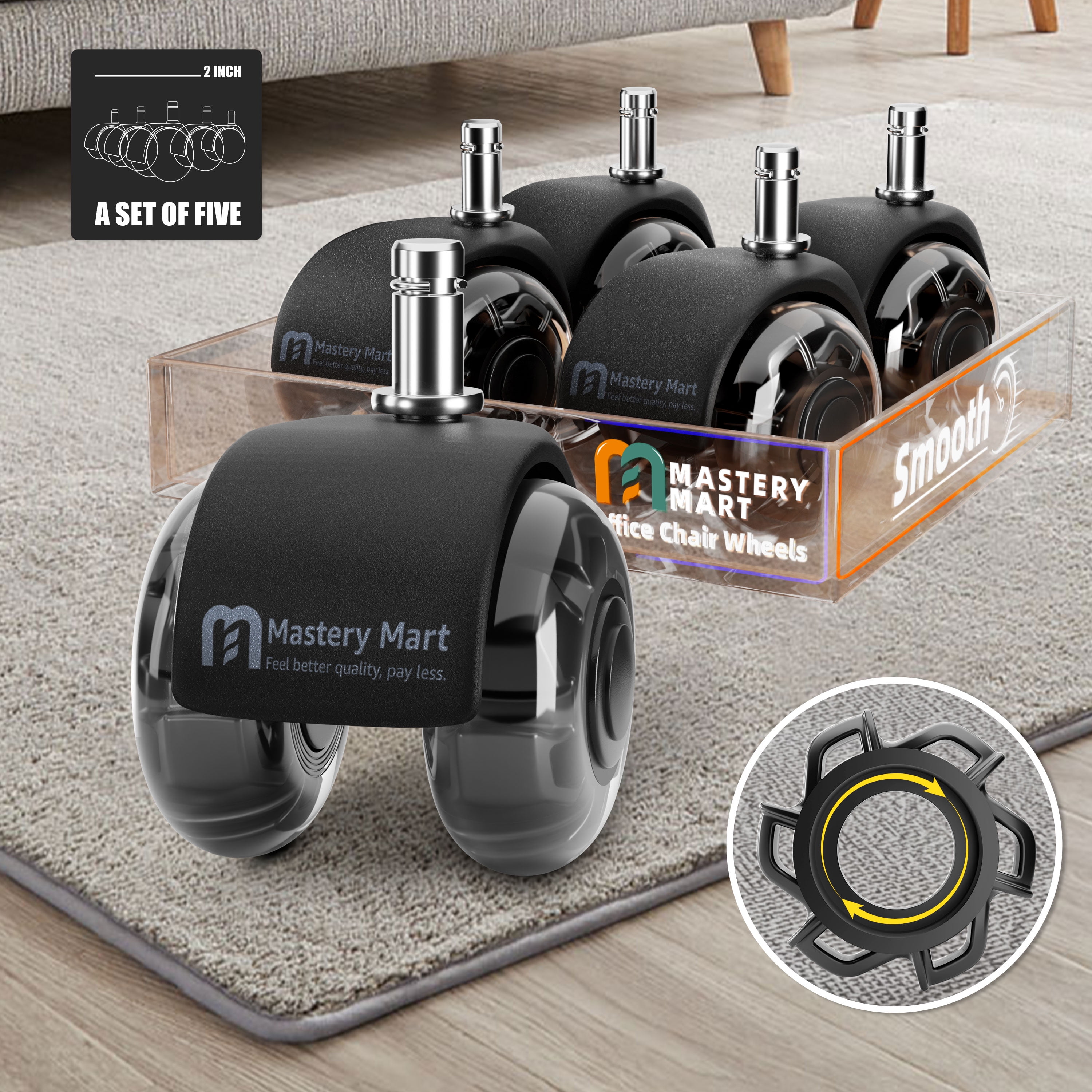 Mastery Mart 2 Inch Office Chair Wheels for Carpet and Hardwood Floors