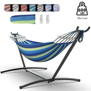 Mastgoal Brazilian Hammock with Adjustable Stand- Stylish Hammock Bed w/Storage Bag, 600lb Capacity - Wide Blue