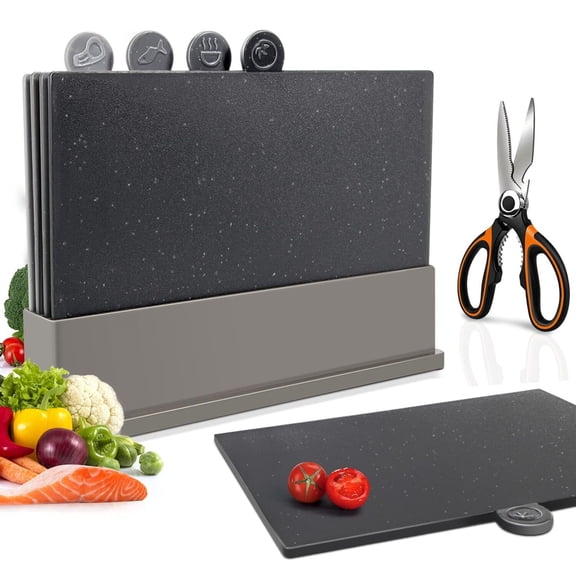 Masthome Index Chopping Board Set, 4-Pieces Plastic Cutting Boards with Food Icons and Storage Stand, BPA Free, Dishwasher Safe55, Professional Chopping Board Set for Kitchen