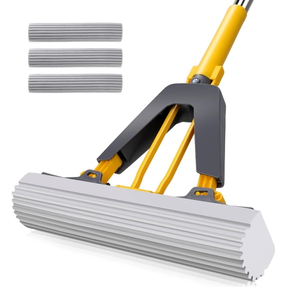 Masthome PVA Sponge Mops for Floor Cleaning with 3 Squeeze Mop Heads | Sectional Stainless Steel Handle, Absorbent Roller Mop for Floors,Tile ,Wood,Wall,Ceiling
