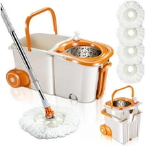 Masthome Handle Spin Mop and Bucket System with Wringer for Floor Clean,4 Microfiber Pads