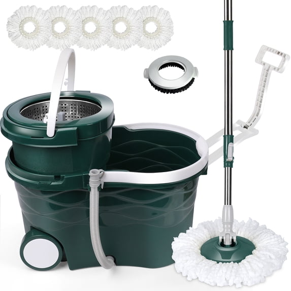 Masthome Spin Mop and Bucket with Wringer Set for Floors Cleaning - 5 Microfiber Pads