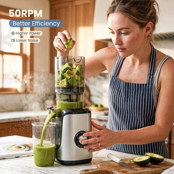 Masticating Juicer Machines, Cold Press Juicer with Wide Feed Chute, High Yield and Easy to Clean for Whole Vegetables & Fruits, Silver