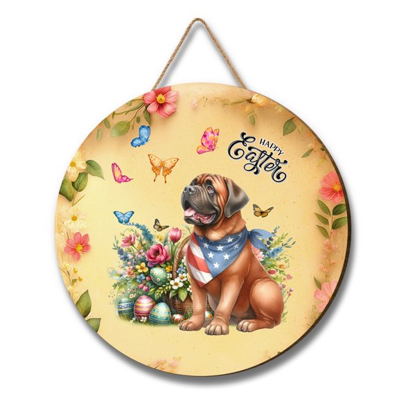 Mastiff Celebrates Spring and Enjoys a Happy Easter Round Wood Sign Mastiffs Dog Lover Gifts Idea Hanging Wall Home Decor - 02001