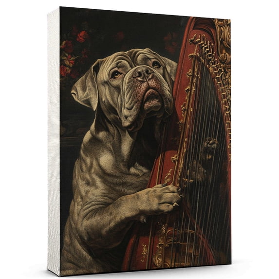 Mastiff Christmas Cute Dog Harp Stretched Canvas Size 8x12 – Retro Mastiff Christmas Dog Batter in Action With Harp for Themed Living Room