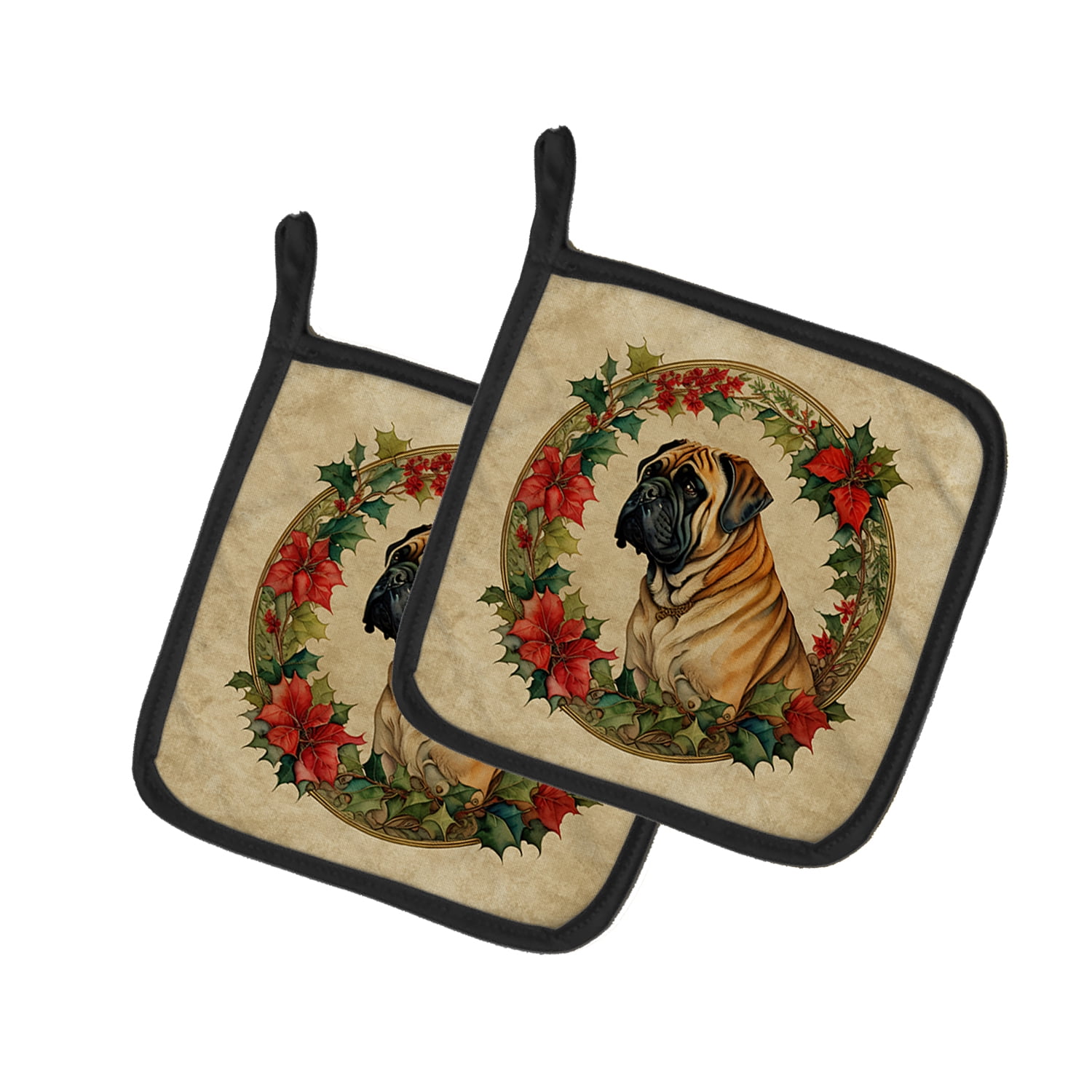 Mastiff Christmas Flowers Pair of Pot Holders 7.5 in x 7.5 in