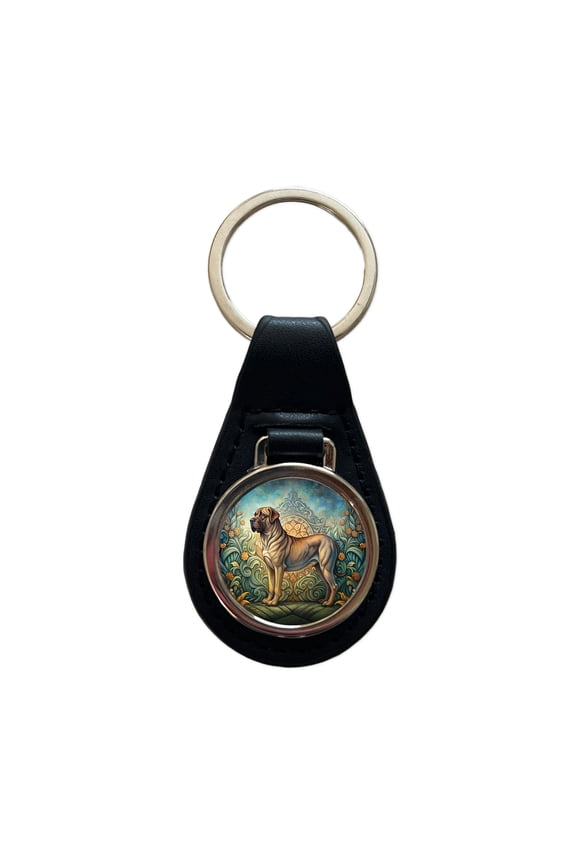 Mastiff Dog Art Nouveau Metal Black Leather Keychain