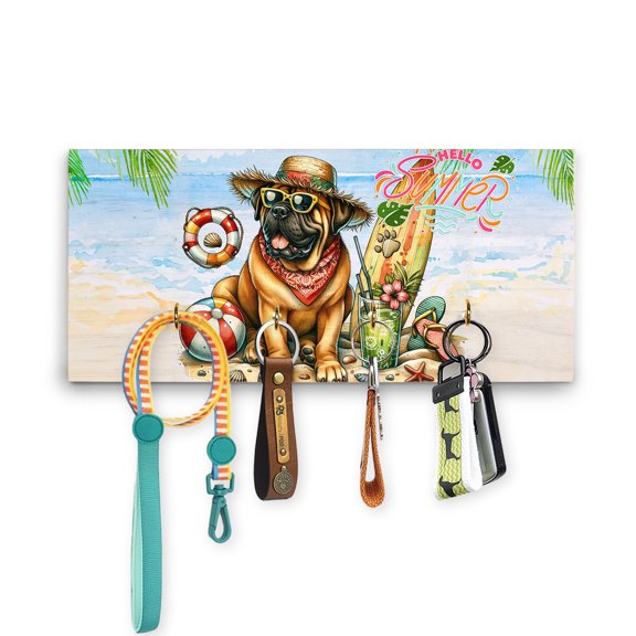 Mastiff Hello Summer with Sunglasses and Surfboard Tropical Vibes Wood Key Holder Mastiffs Dog Lover Gifts Idea Wall-mounted Key Rack Home Decor - 00007