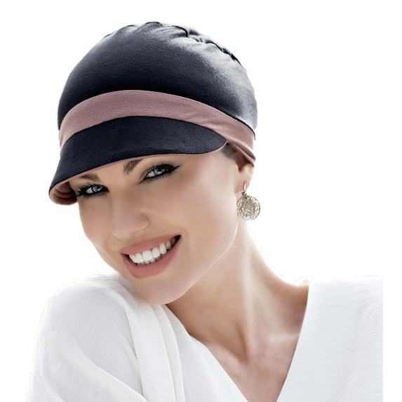 Reversible Soft Cap Chemo Hats for Women, KATIA Newsboy Chemo Headwear with UV Protection UPF 50+ Foldable (Black and Lilac)