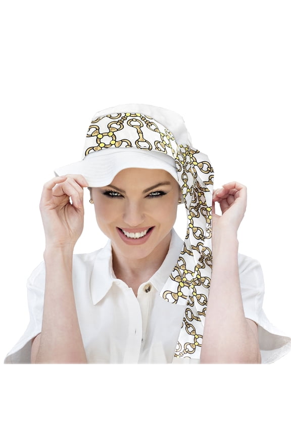 Lola Women Summer Hat with Scarf UPF 50+ Sun Protection Packable (White Golden Chain)