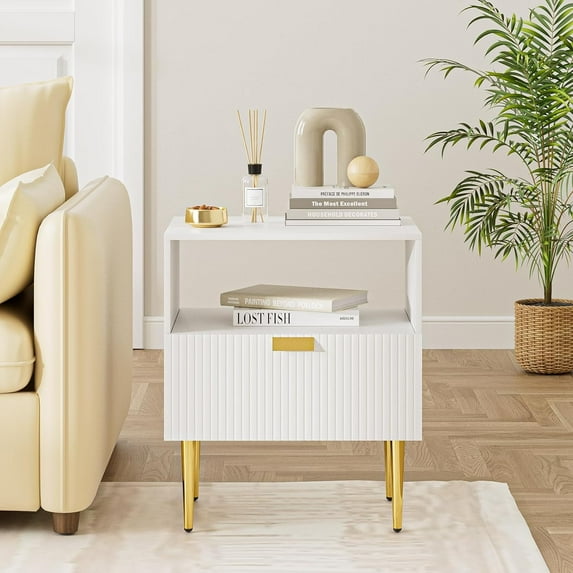 Masupu Dresser for Bedroom, Fluted Night Stand, End Table for Living Room, Mid Century Modern Bedside Table with Drawers, Nightstand with Gold Metal Legs, Bedroom Furniture White Stripe