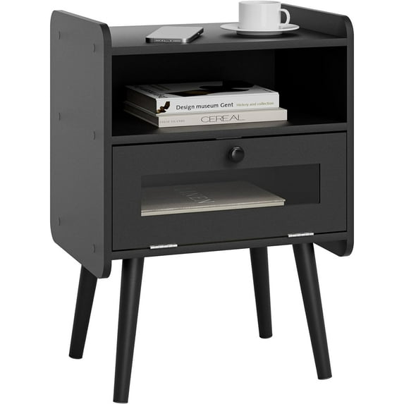 Masupu Night Stand Black Nightstand Modern Side Table Bedroom Night Stand End Table with Drawer Mid Century Beside Table with Glass Decorative Door for Bedroom,Living Room,Black Without Outlet