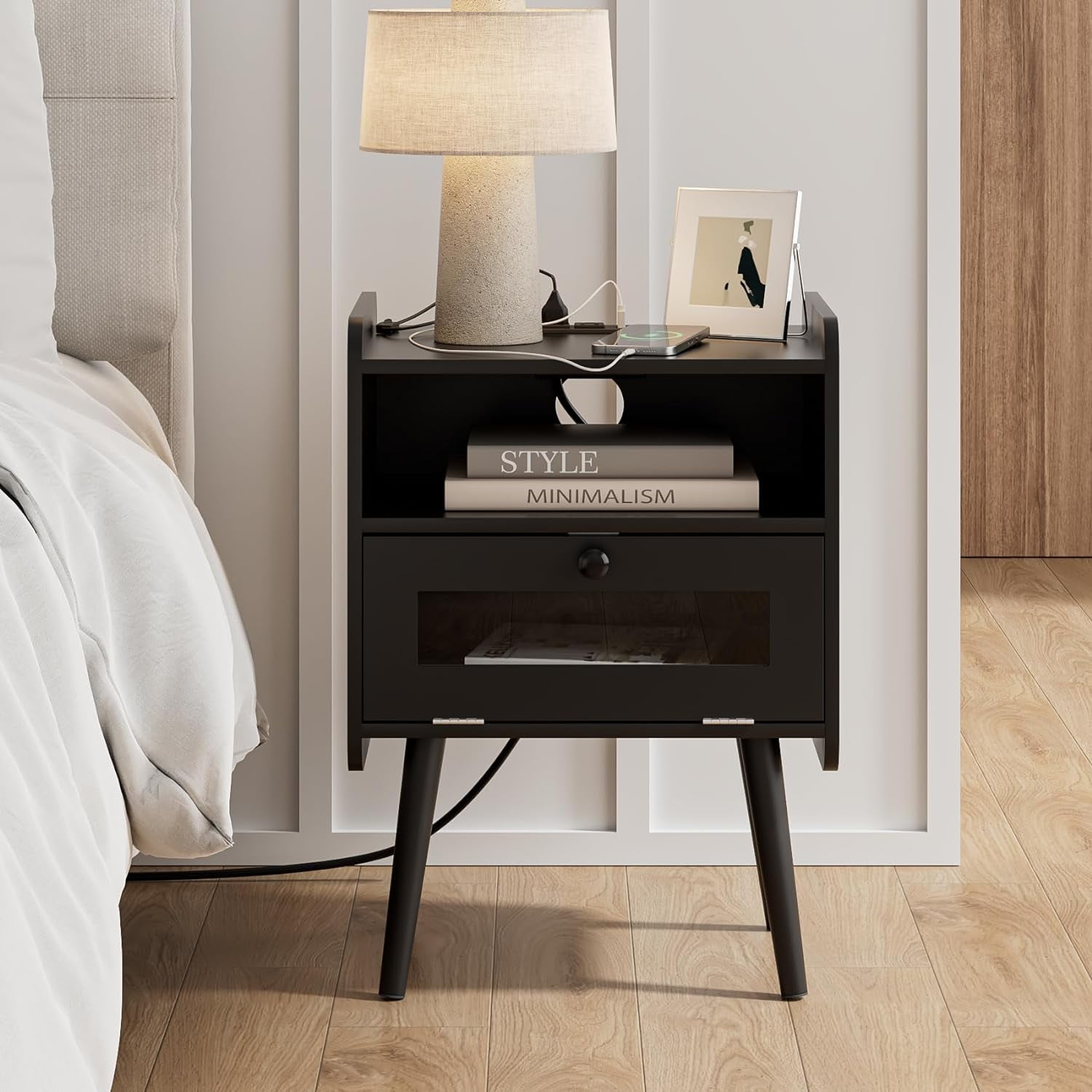 Masupu Nightstand with Charging Station, Black Bedside Table Modern Bed ...