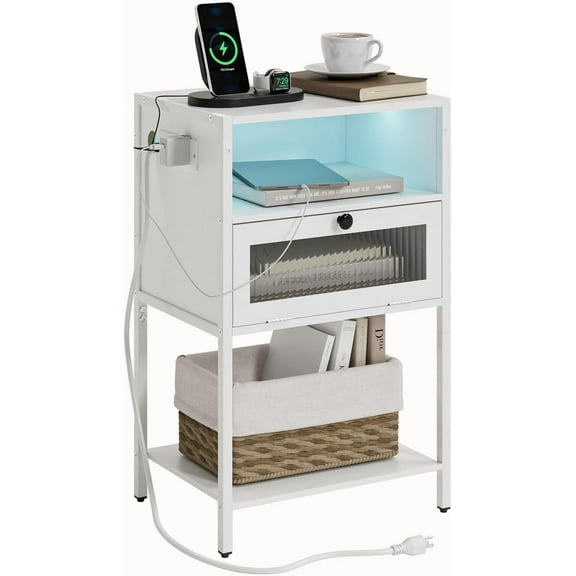 Masupu Nightstand with Charging Station and LED Lights, Bedside Table with Storage, Modern Side Table End Table with Glass Decorative Door for Bedroom, Living Room, White