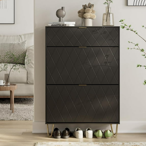 Masupu Shoe Storage Cabinet, Shoe Cabinet with 2 Flip Drawers Entryway Shoe Storage Freestanding Shoe Organizer Cabinet with Metal Leg, Narrow Shoe Rack Cabinet, Diamond Black