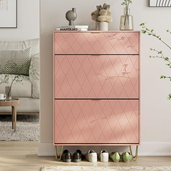 Masupu Shoe Storage Cabinet, Shoe Cabinet with 2 Flip Drawers Entryway Shoe Storage Freestanding Shoe Organizer Cabinet with Metal Leg, Narrow Shoe Rack Cabinet, Diamond Pink