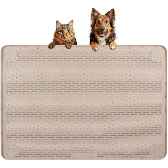 Mat, 34" x 22" Pet Feeding Mat with Raised Edge Pet Placemat for Small, Medium, and Large Pets Non-Slip, Easy to Clean (Beige)