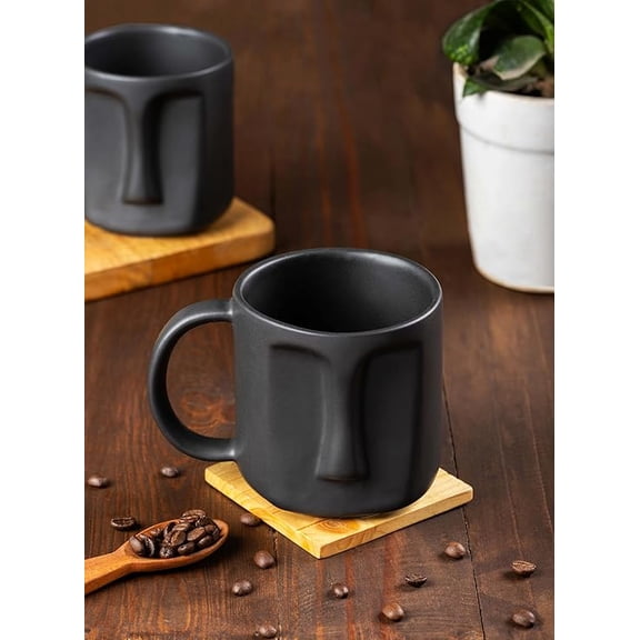 Mat Black Expression: Face-Shaped Design Ceramic Coffee Mug - 400 ML Capacity, Microwave and Dishwasher Safe, Coffee Mug for Gift, Ideal for Coffee & Tea (Set of 2)