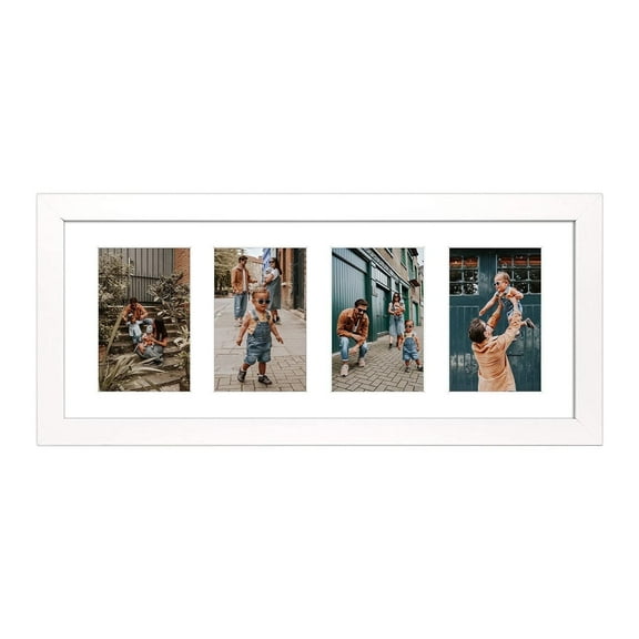 Mat Board Center 8x20 Collage Gallery Picture Frame for Four 4x6 Photos - Solid Wood & Real Glass, White - Horizontal and Vertical - for Wall Display