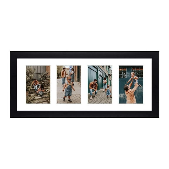 Mat Board Center 8x20 Matted 4-Opening 4x6 Solid Wood Collage Picture Frame, Black, 1 Pack