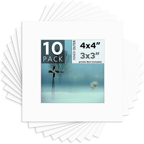 Mat Board Center, Pack of 10, 4x4 White Color White Core Picture Mats for 3x3 Photos