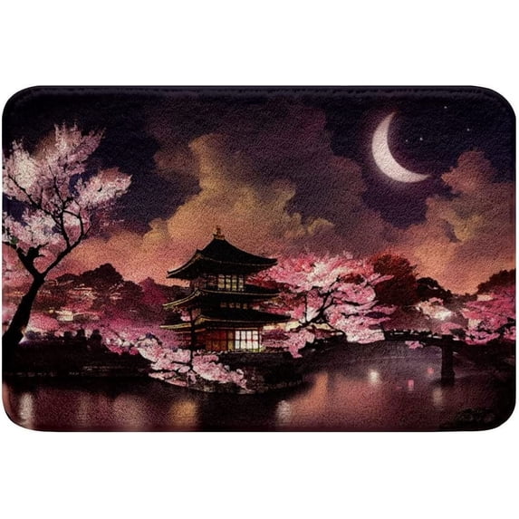 Mat for Kitchen Japanese Style Bath Mat Moon Cherry Blossom Bathroom Rug Romantic Night Sky Scenery for Teens Girls Women Exotic Pink Bath Indoor Doormat Decor Funny Mat Cute Rugs Indoor 16x24 inch