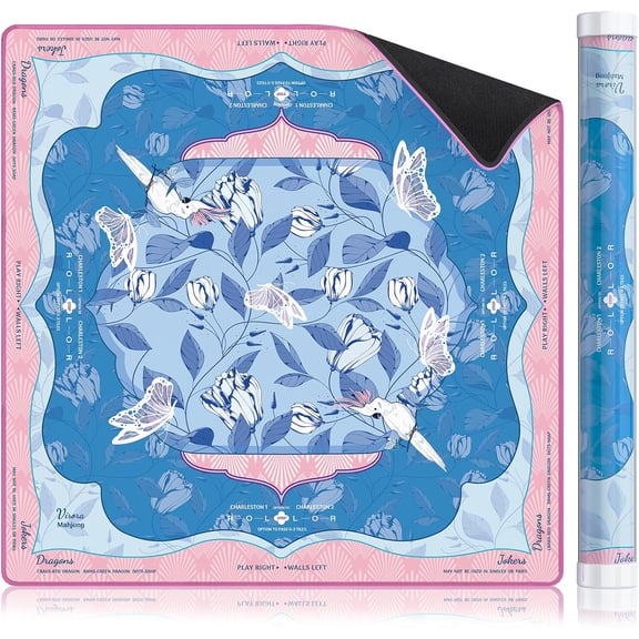 Mat with Rules, Blue Mahjong Mat for Table, 3MM Non-Slip Rubber Noise Reduction Mah Jong Mat, 32.7x32.7in Rolled No Creases Waterproof Mahjong Table Cloth for Mah Jong & Card Games