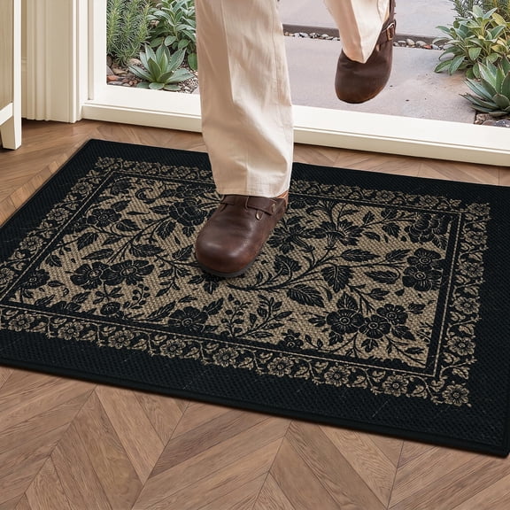 MatEssenz Washable Indoor Doormat 17"x29.5", Non-Slip Low-Profile Entryway Rug, Absorbent Dirt Trapper, Vintage Floral Black/Tan