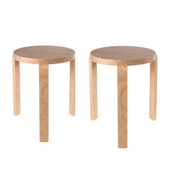 Benjara Mata Stacking Stool Ottoman (Set of 2)- Modern Blonde Oak Brown Wood
