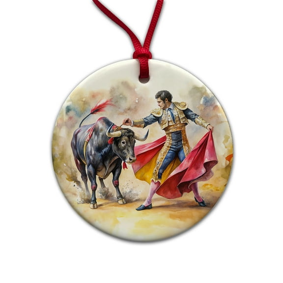 Matador And Bull Fighting In Ring Watercolor Christmas Tree Holiday Round Ceramic Ornament