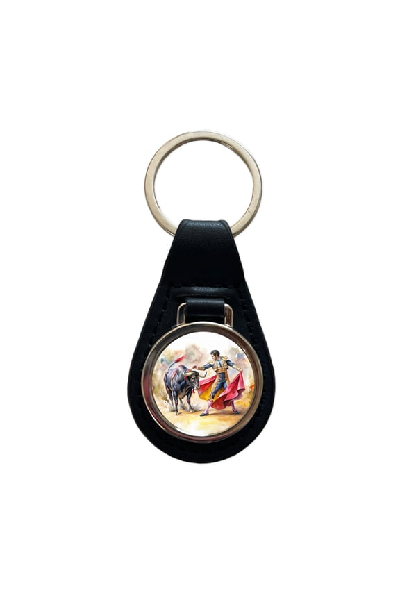 Matador And Bull Fighting In Ring Watercolor Metal Black Leather Keychain