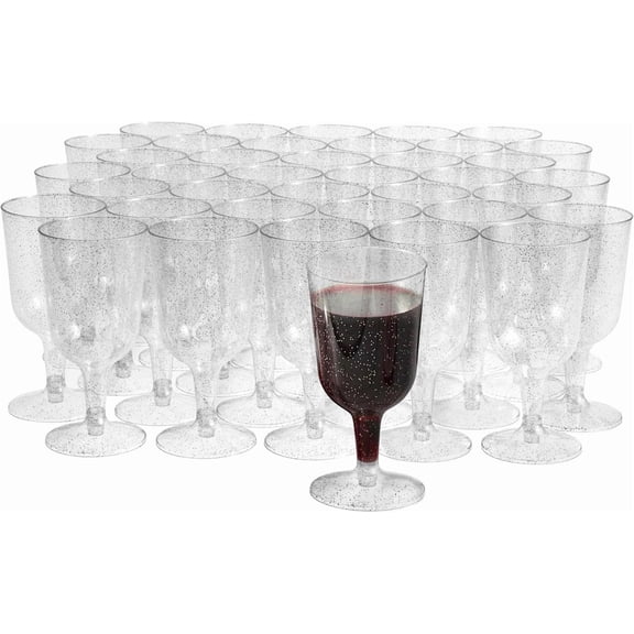 Matana Elegant 6 oz Silver Glitter Sturdy Reusable Plastic Wine Glasses Set of 50