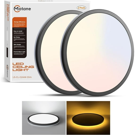 Matane 12'' LED Flush Mount Ceiling Light Fixture with Night Light,24W 2400LM 3000K/4000K/5000K,Dimmable Ceiling Lamp Surface Mount Round Lighting Fixture for Bedroom, Dining Room, Kitchen,Black,2PCS