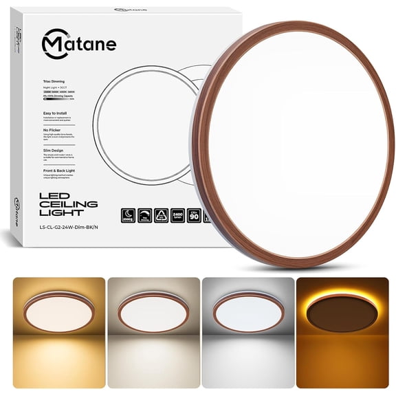 Matane 12'' LED Flush Mount Ceiling Light with Night Light,24W 2400LM 3CCT Ultra-Thin Lighting Fixture for Bedroom, Dining Room, Kitchen,Dark Walnut